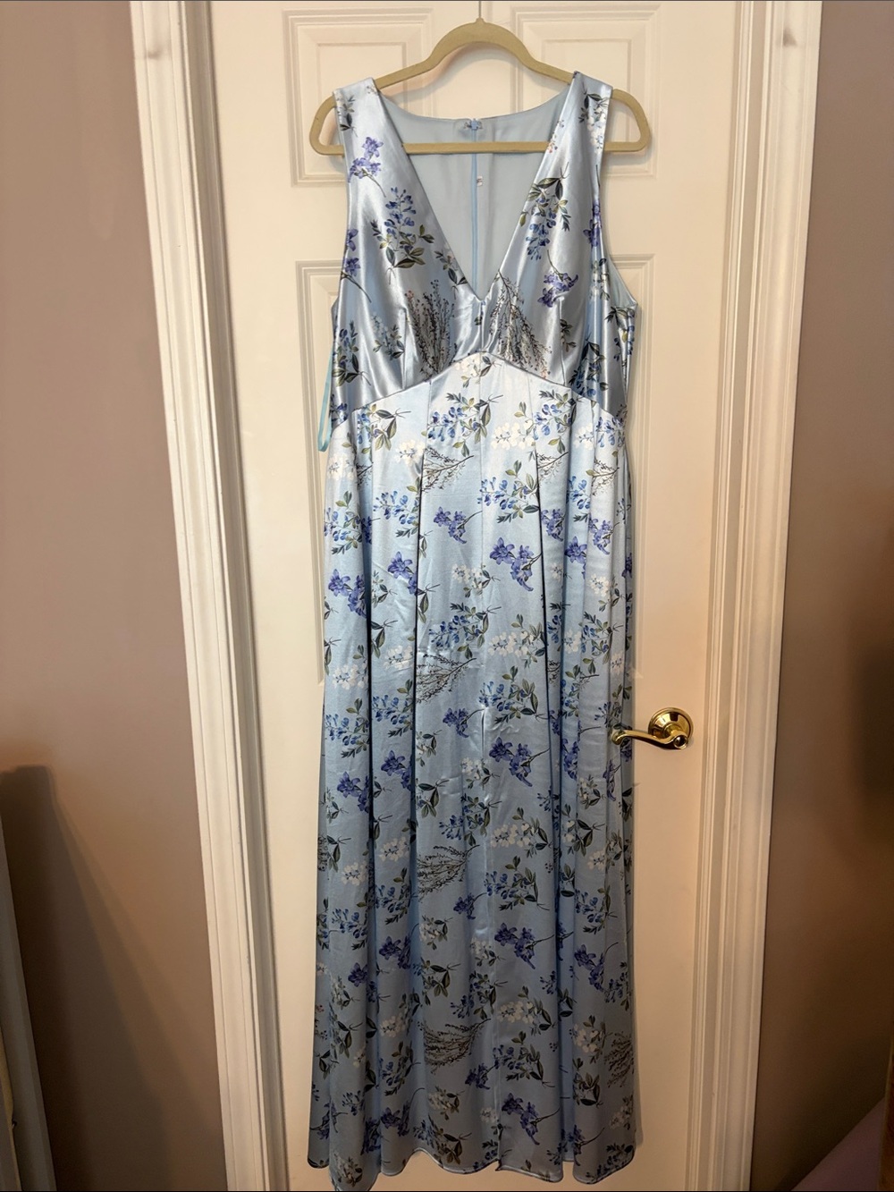 Light Blue Floral Satin Maxi Dress